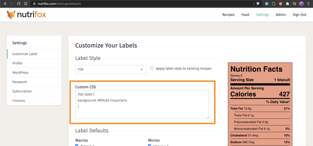 Screenshot of Nutrifox with the Custom CSS box circled in orange